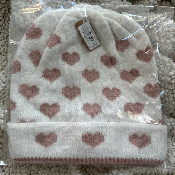 New! Women’s White Mauve Heart Knit Beanie (K0086) - Picture 5 of 8